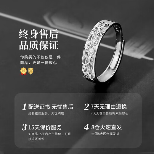Chinese Gold Lucky Pixiu Silver Ring Men's Ring Live Mouth Tail Ring Men's Chinese Valentine's Day Gift Boy's Birthday Gift for Boyfriend and Husband Pixiu Ring-Male Jingsuda