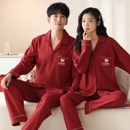 Admiring Autumn and Summer Wedding Couple Pajamas Pure Cotton Long Sleeve Long Style Suit Year of the Snake Red Zodiac Year Men and Women Spring and Autumn Style JS-6098 2 Set Price Female L + Male XXL