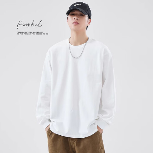 Foss Phil trendy brand T-shirt men's autumn and winter solid color versatile pure cotton long-sleeved sweatshirt casual top bottoming FPCT6 white L
