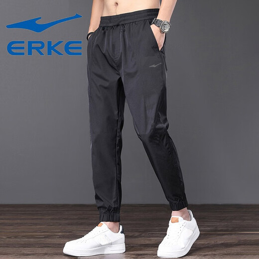 鸿星尔克（ERKE）运动休闲裤男九分裤子夏季薄款速干冰丝束脚裤学生帅气系带哈伦裤 黑色 L(体重120-135斤)