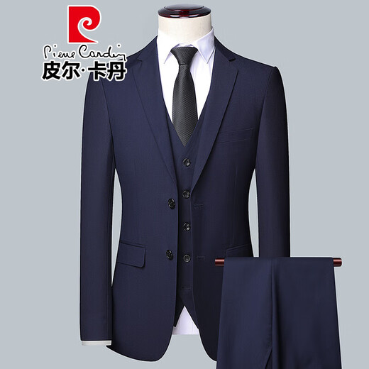 Pierre Cardin Suit Suit Men's Slim Suit Jacket Business Formal Suit Men's Professional Wear Groom and Groomsman Formal Knitted 605-Navy Blue Three-piece Suit (Suit + Vest + Pants) L 175 Recommended weight 115-130 Jin Jin equals 0.5 kg