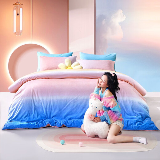 Fu'anna bed four-piece milk velvet set thickened warm and anti-static autumn and winter sheets and quilt cover single and double-person enlarged Kalefu [crystal velvet + anti-static + gradient] 1.5-meter bed (quilt cover 203*229cm) four-piece set