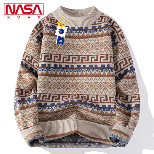 NASA XVVX官方联名撞色条纹毛衣男生秋冬款圆领套头青少年休闲百搭保暖线衣 M6631米白色 XL