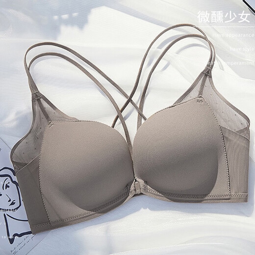 KJ front button seamless bra for women with small breasts gathered to prevent sagging and hold up cross-shoulder straps beautiful back bra summer black single bra 80B