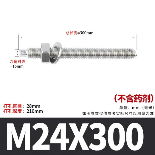 Guwanji 304/316 stainless steel/carbon steel M8M10M12M14M16M18M20M22M30 chemical expansion bolt chemical anchor bolt inverted cone galvanized chemical screw M24x300 [1 set]