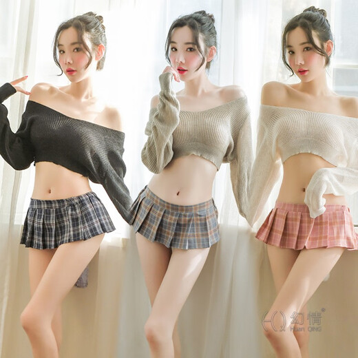 女性感少年杀手侧开免脱开裆激情诱惑高领露背裙睡衣毛衣JK制服女 7170灰毛衣+灰格裙