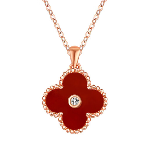 18K gold four-leaf clover diamond pendant rose gold colored gold pendant au750 gold chain set birthday gift for girlfriend red agate 18K gold color (single pendant)