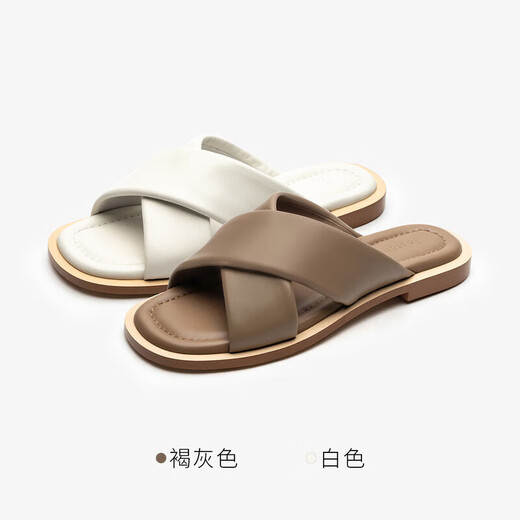 莱尔斯丹时尚休闲交叉带平跟一字拖凉拖女鞋4M12801 褐灰色 TPK 36