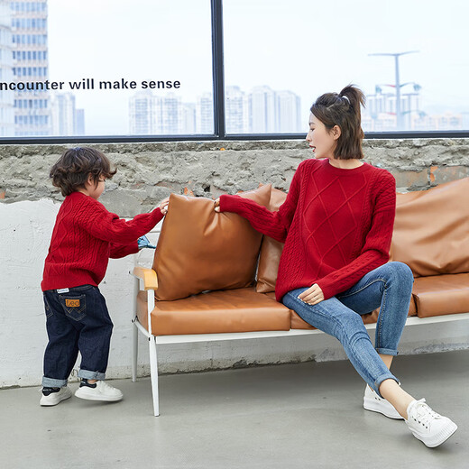 Little Bear Elf (xiaoxiongjingling) sweater parent-child outfit family portrait spring and autumn sweater red mother-daughter family of three or four festive Chinese style sister outfit burgundy parent-child outfit children's size 80 (recommended height 75-85cm)
