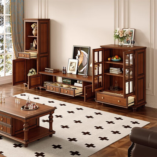 Yachen Home Retro American Massivholz TV -Schrank rechteckiger Couchtisch Weinschrank Kombination Kombination aus Hausbodenschrank Wohnzimmer Einfacher Pfirsich Herz Blumen und Holz -TV -Schrank [Walnussfarbe]