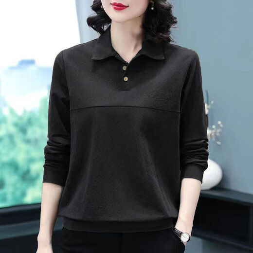 BEGI CHESS LAPEL POLO HOLLAR LANGE SCHLAGT TOP T-SHIRT FÜR Women 2022 Herbst und Winter Neue Mutter mittleren Alters MA MA KOREAN LOOSE BASE HIMTER 1694# Schwarz-Langhülle 3xl empfohlen 145-160jin [Jin gleich 0,5 kg]