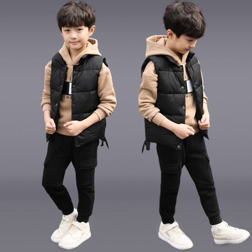 Maidou Xiong boys' winter clothing plus velvet thickened sweatshirt suit autumn and winter new boys three-piece set medium and large children's clothing winter fashionable khaki color 140 size code suitable for height 130CM