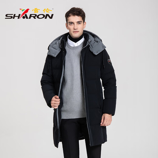 雪伦（SHARON）反季鹅绒羽绒服男中长款秋冬外套可脱卸帽休闲运动 12625 黑夜兰 M