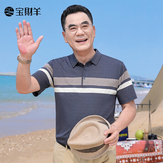 宝财羊爸爸夏装冰丝短袖t恤男条纹polo衫半袖中老年人上衣服父亲节礼物