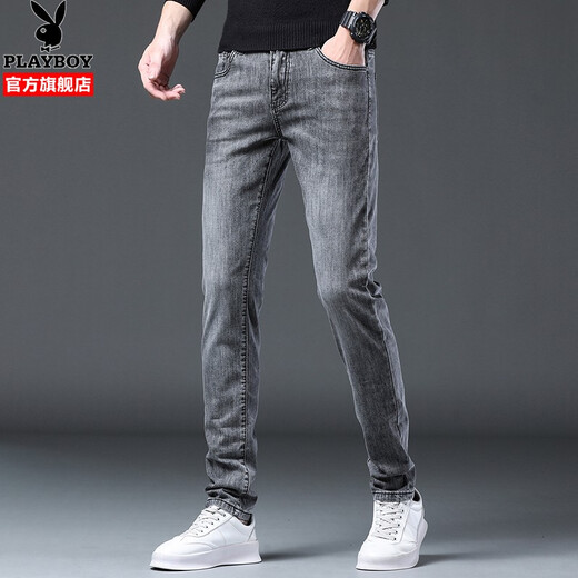 Playboy (PLAYBOY) jeans men's slim summer trendy commuting distressed small-leg pants four-way stretch casual versatile trousers 1048 gray four seasons 34