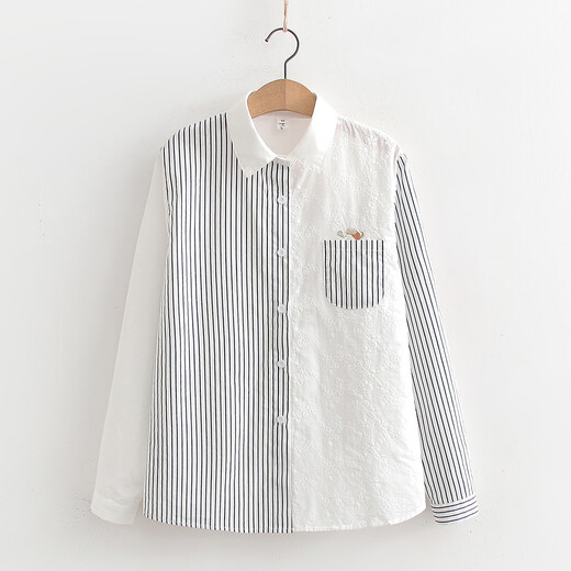 Nuanqiao cotton shirt women's long-sleeved Japanese spring and autumn loose striped splicing small fresh embroidered top casual cotton shirt striped M (95-125Jin Jin equals 0.5 kg)