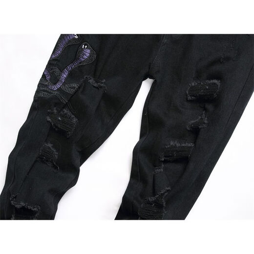 Moring Bull New High Street AM Trendy Jeans Herren zerrissener Cobra Sticker Leder Patch Elastizität Slim Black Black 3523 29