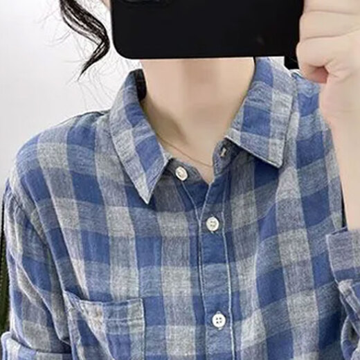 子牧棉麻2024秋装 女文艺长袖衬衫格子宽松复古上衣翻领减龄衬衣1342 蓝色 L(建议115-125斤)