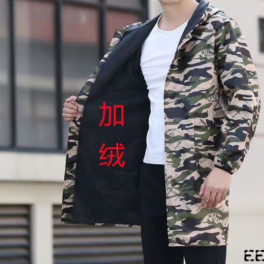 Guiren Xiong velvet thickened smock, warm coat, men's and women's work clothes, waterproof and oil-proof camouflage long coat, kitchen long-sleeved labor insurance suit, blue floral (with hood), medium size (120-170)