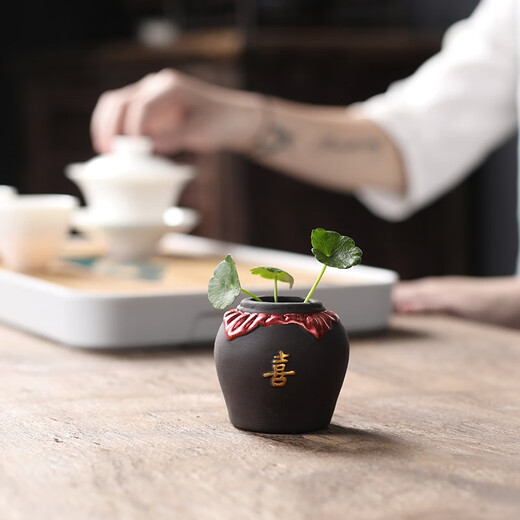 Yuxuan Fingertip Small Tea Pet Purple Clay Purple Creative Clay Painted Vase Mini Zen Small Five Blessing Flower Ornament Single Fingertip Small Flower Vase--Fu