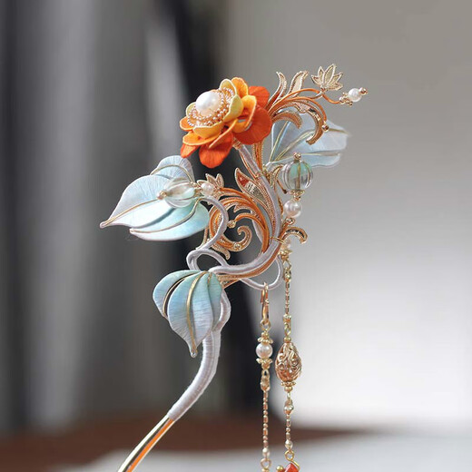 Meng Junchen's intangible cultural heritage flower hairpin丨Silk Road Galaxy丨Ancient style Hanfu cheongsam headdress birthday Valentine's Day gift One long hairpin - with tassels