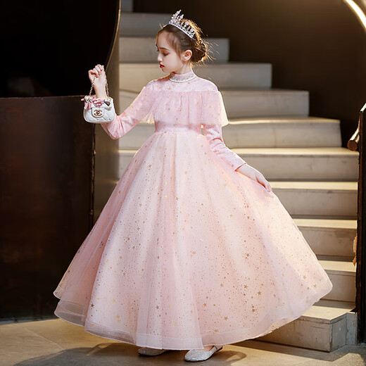 G.duck girls high-end light luxury niche dress autumn and winter children host piano playing birthday flower girl wedding dress princess dress 5935 champagne follow with crown 140 cm