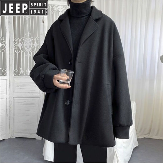 JEEP new autumn and winter new cotton and thick woolen coat short popular street black coat men's loose and handsome clothes black cotton and thick XL