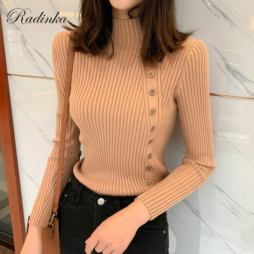 Radinka 2024秋冬新款加厚毛衣女套头半高领打底衫韩版纽扣修身针织衫 杏色 L【建议105-115 斤】