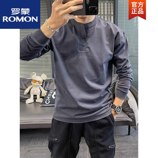 ROMON's new American retro Henry collar long-sleeved T-shirt men's solid color spring and autumn casual men's sweatshirt pure cotton loose dark gray spring and autumn XL recommended 135150Jin Jin equals 0.5 kg
