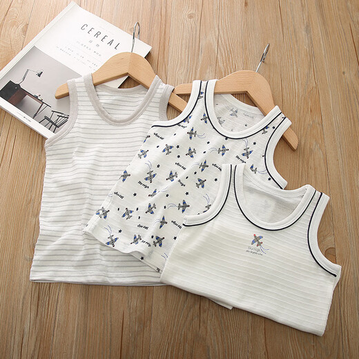 Printed cotton house 3-piece children's pure cotton vest for male and female babies Japanese casual baby tops bottoming shirt without fluorescence Airplane vest 3-piece 100