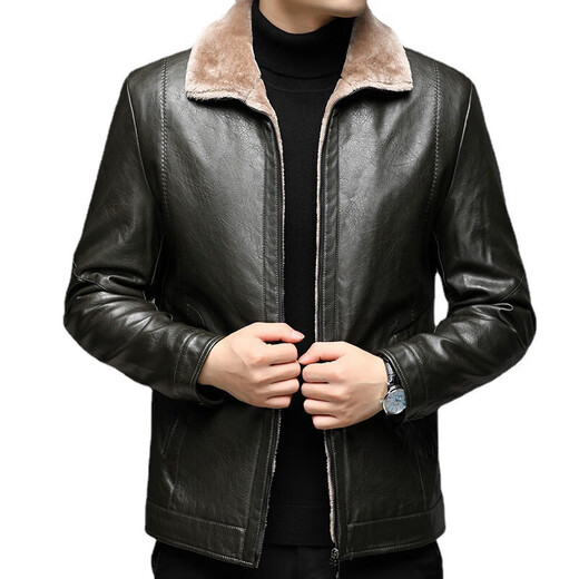 Hengyuanxiang new PU leather leather jacket men's autumn and winter solid color jacket velvet thickened jacket middle-aged men's warm tops black velvet 2XL