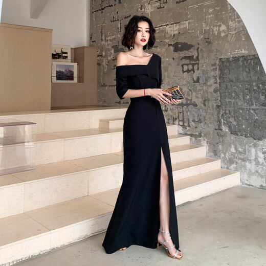 Meiyixuan black evening dress for women spring and summer new banquet noble temperament lady long aura queen dress slimming GJY533/black S