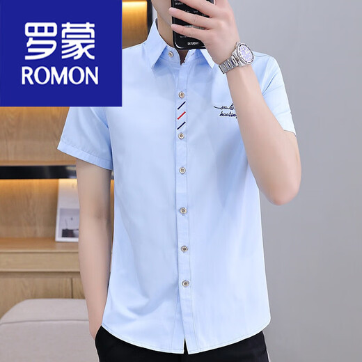 ROMON Summer Men's Short Sleeve Shirt 2025 Youth Men's Clothing Casual Business Work Shirt Versatile Fashion Handsome Shirt 829 Light Blue M 90-105Jin[Jin equals 0.5 kg]