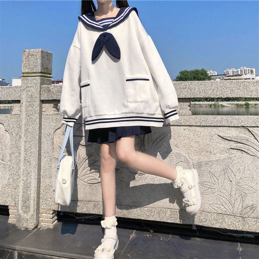 Lan Junqi Japanisch niedliche Kaninchenohren runder Nackenstil Loose Sweatshirt mit Frauen Bug Langarm Herbstpullover Top Student Weiß 757 (dünner Stil) XL (100 ~ 115 Empfohlen)