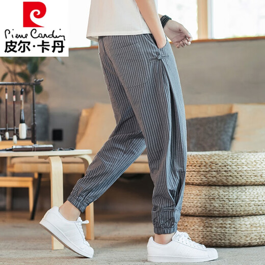 Pier Cardan linen pants for men's summer thin cropped pants tucked feet Harem pants Chinese style men's pants striped cotton linen pants trendy MK983 black L (115-135Jin[Jin equals 0.5 kg])