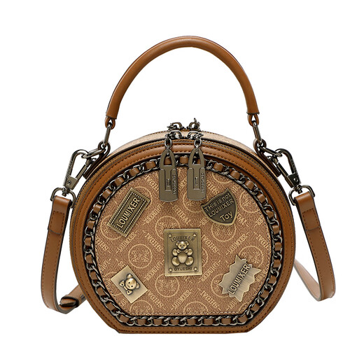 I.T Dankles Hong Kong Marke Echtes Leder -Frauenbag 2025 Neue Kettendekoration kleiner runde Tasche Gedruckte Handtasche Breite Schultergurt Crossbody Bod Braune Farbe (Theken Geschenkbox Set)