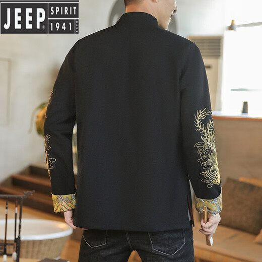 
JEEP SPIRIT Chinese style dragon robe Tang suit men's jacket spring and autumn new retro buckle dragon pattern embroidered Hanfu cotton and linen jacket Black 3XL (170-185Jin [Jin equals 0.5 kg])
