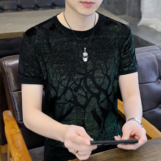 ZHIDOUDOU flocking European goods men's ice silk hollow short-sleeved T-shirt men's 2023 summer top trendy clothes men 3893 blue M -120Jin [Jin equals 0.5 kg]