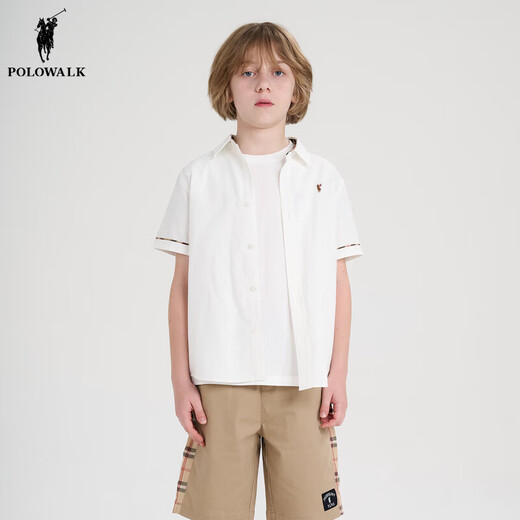 POLOWALK children's clothing 2024 new summer shirt boys' short-sleeved top shirt comfortable and fashionable white 110 cm