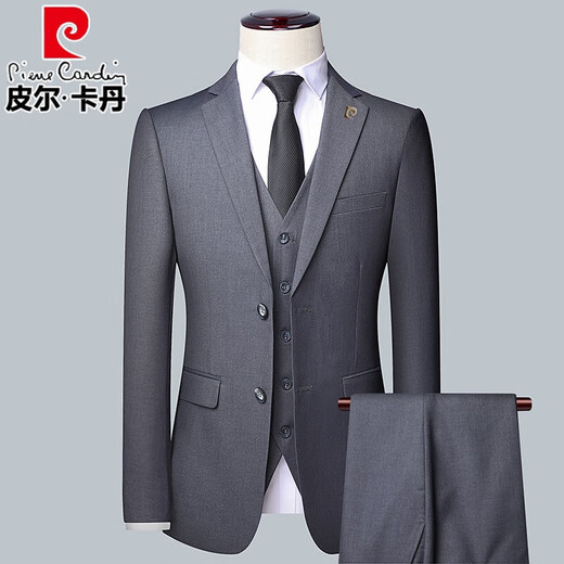 皮尔卡丹高档三件套西服套装男修身商务西装男休闲职业装正装新郎西装礼服 黑色两件套(西装+裤子)衬衫 180