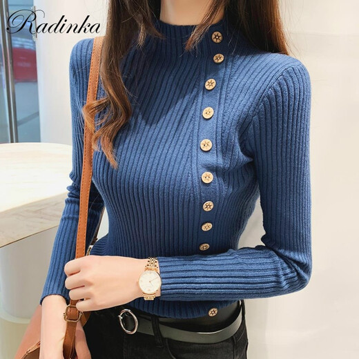 Radinka 2024秋冬新款加厚毛衣女套头半高领打底衫韩版纽扣修身针织衫 杏色 L【建议105-115 斤】