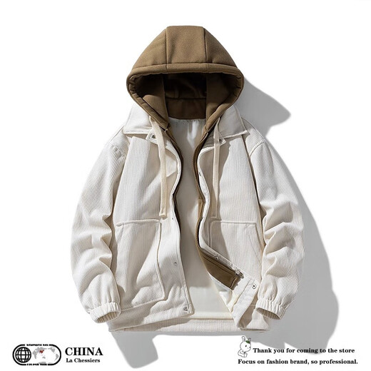 Jeanswest gefälschte zweiteilige Cordjacke für Herren im Herbst und Winter, neue trendige Marke, plus Samt, warmer Baumwollmantel, lockere Kapuzenjacke, Kleidung, Karamell plus Samt, Größe L