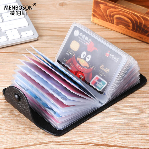 Momboska bag men's first-layer cowhide large-capacity coin purse with multiple card slots for bank cards, documents, anti-theft card storage bag, black simple style, anti-theft 20 cards + 2 mirror windows