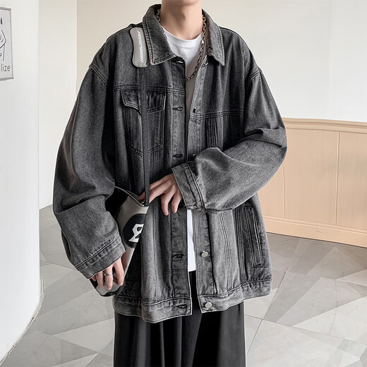 NEW OR MODE American retro high street denim jacket men's new spring and autumn youth trendy brand handsome high-end jacket top gray XL
