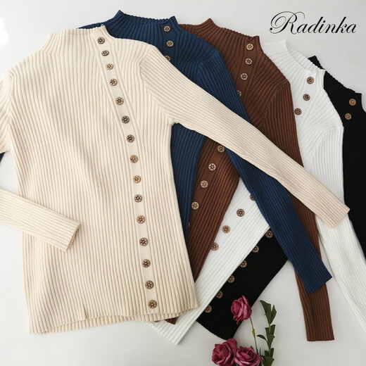 Radinka 2024秋冬新款加厚毛衣女套头半高领打底衫韩版纽扣修身针织衫 杏色 L【建议105-115 斤】