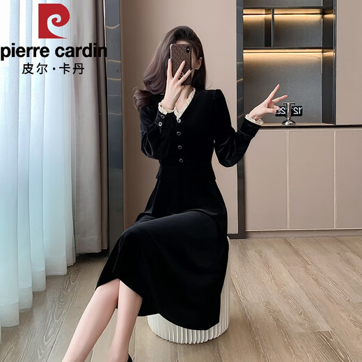Pierre Cardin 2025 Herbst- und Winter Koreanische Version des Promi-Temperaments Velvet V-Ausschnitt Longärmedose Schwarzes kleines Kleid Frauen-Basisrock Langer Rock Schwarz 2xl