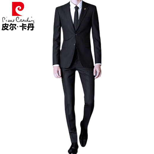 皮尔卡丹高档三件套西服套装男修身商务西装男休闲职业装正装新郎西装礼服 黑色两件套(西装+裤子)衬衫 180