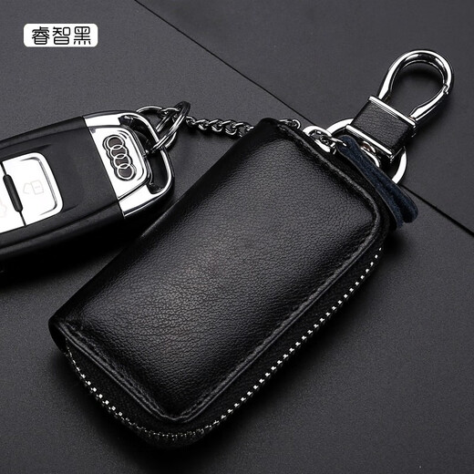 Bolsa de llave de cremallera de gran capacidad de Qiger para la calzada para hombres con la cáscara de vaca montada en la cintura múltiple Bolsa de llave de mujer de gran capacidad Pequeño negro