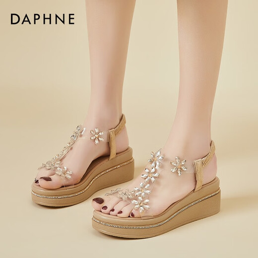 Daphne (DAPHNE) sandals for women's summer high heels summer new single shoes heels thick sole sponge cake student rhinestone fairy style elastic band gold 37 (235mm)