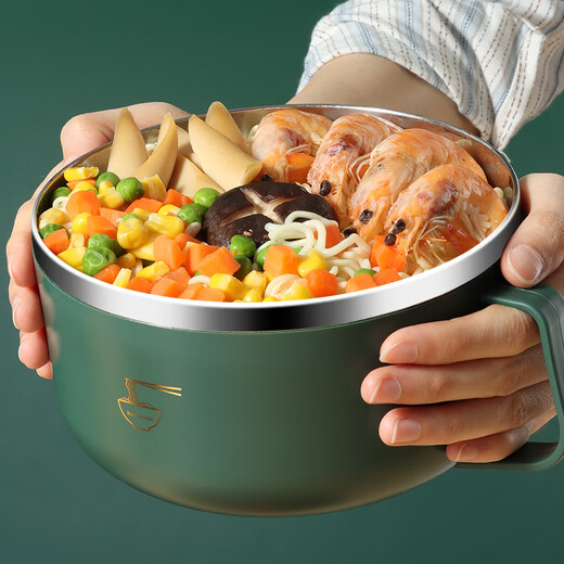 Baijie 304 stainless steel instant noodle bowl lunch box with lid, sealed and anti-scalding, student lunch box, office worker rice bowl, dark green 1300ml